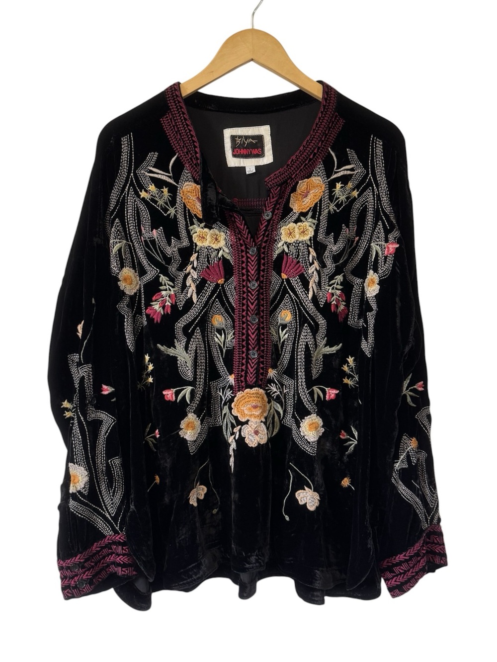 Johnny Was BIYA Jessabella Blouse Black Velvet Floral Embroidery Boho Large - Picture 2 of 10